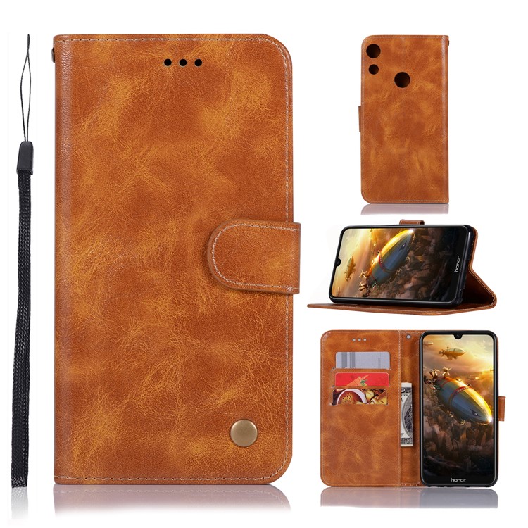 Estojo De Couro Premium Stand Com Slots De Cartão Para Huawei Honor 8A - Castanho-1