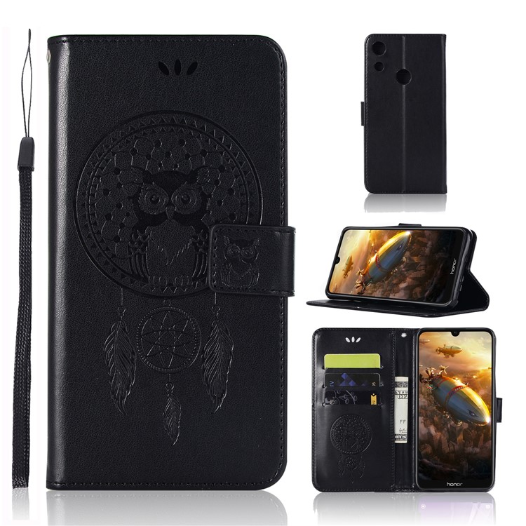 Imprinted Dream Catcher Owl Leather Wallet Case for Huawei Honor 8A - Black-1