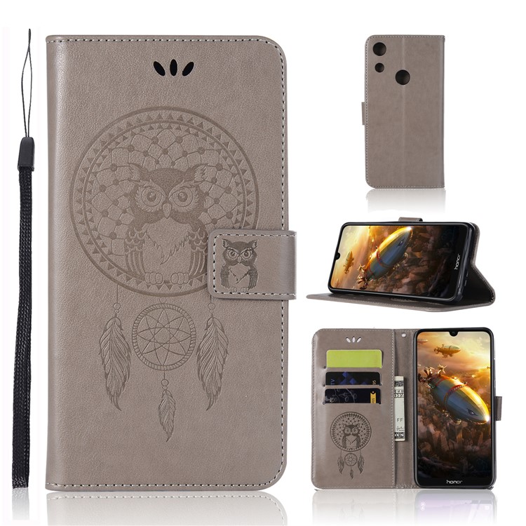 Imprinted Dream Catcher Owl Leather Wallet Cover for Huawei Honor 8A - Grey-1