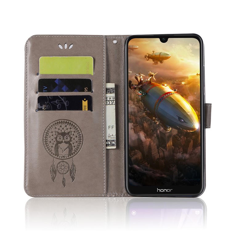 Imprinted Dream Catcher Owl Leather Wallet Cover for Huawei Honor 8A - Grey-4