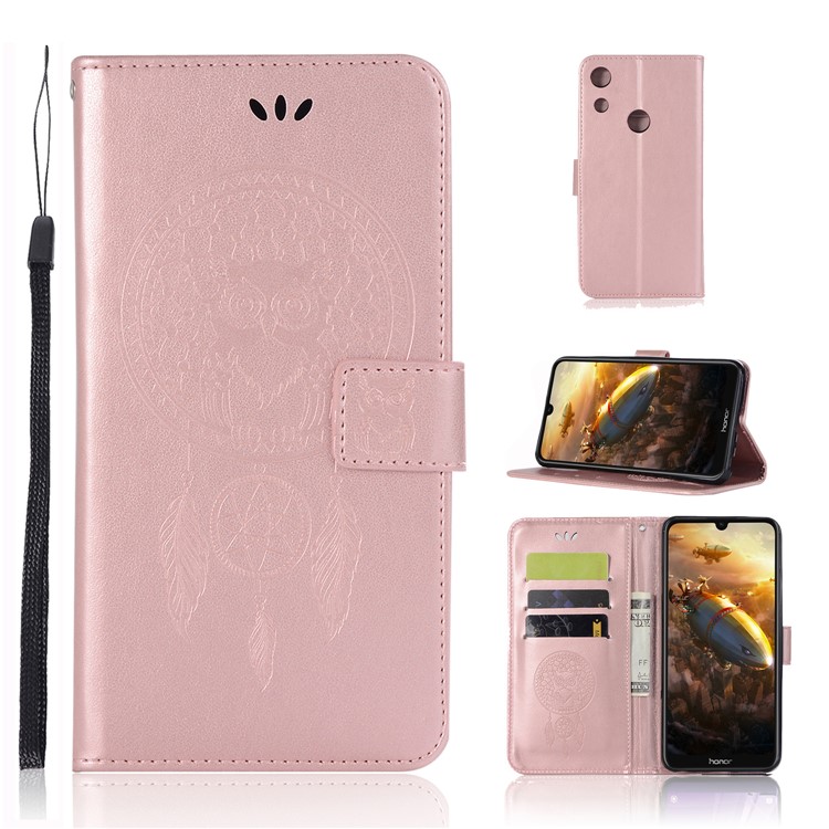 Imprinted Dream Catcher Owl Leather Wallet Stand Case for Huawei Honor 8A - Rose Gold-1