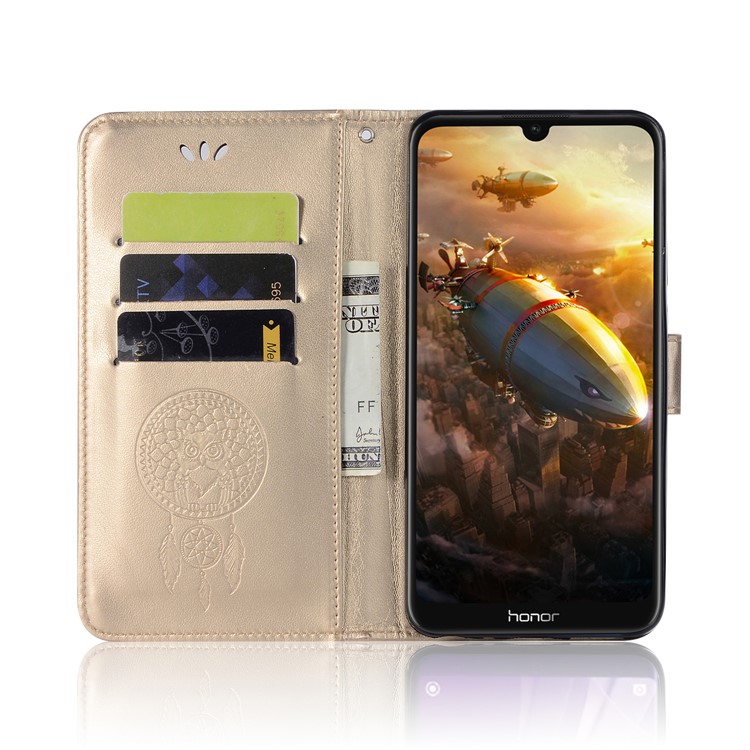 Catcher da Sogno Impresso Gufo Owlet Phealt in Pelle Per Huawei Honor 8a - Oro-4