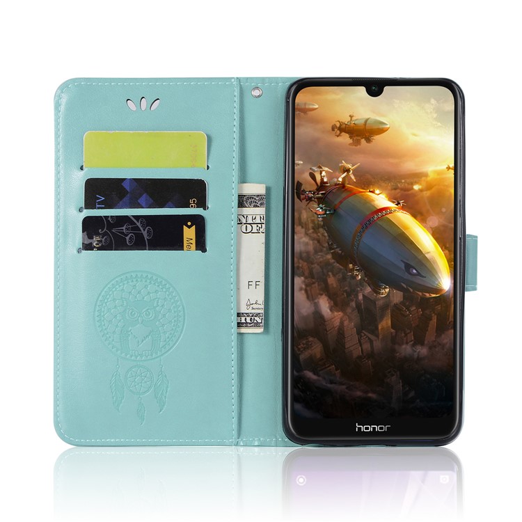Imprinted Dream Catcher Owl Leather Wallet Shell Case Cover for Huawei Honor 8A - Cyan-4