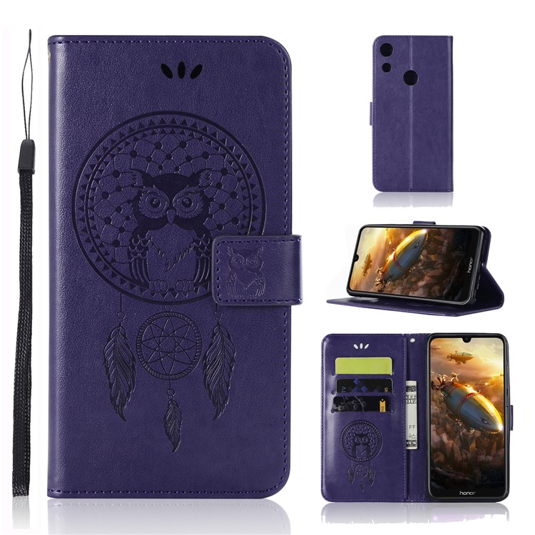Imprinted Dream Catcher Owl Leather Stand Case with Card Slots for Huawei Honor 8A - Purple-1