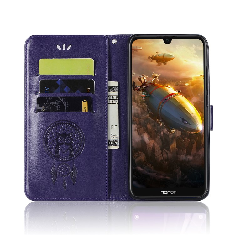 Imprinted Dream Catcher Owl Leather Stand Case with Card Slots for Huawei Honor 8A - Purple-4