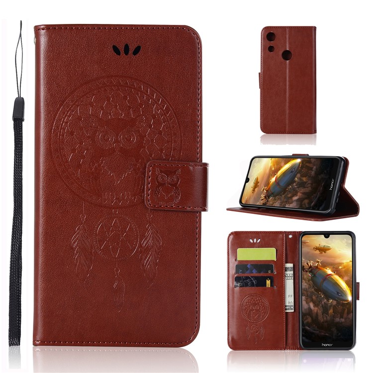 Imprinted Dream Catcher Owl Leather Stand Cover with Card Slots for Huawei Honor 8A - Brown-1