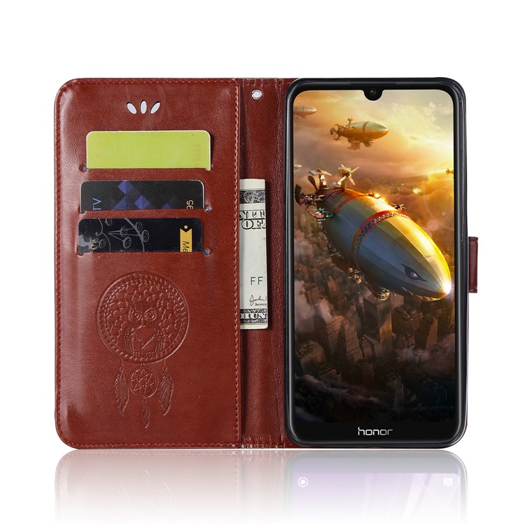 Imprinted Dream Catcher Owl Leather Stand Cover with Card Slots for Huawei Honor 8A - Brown-4