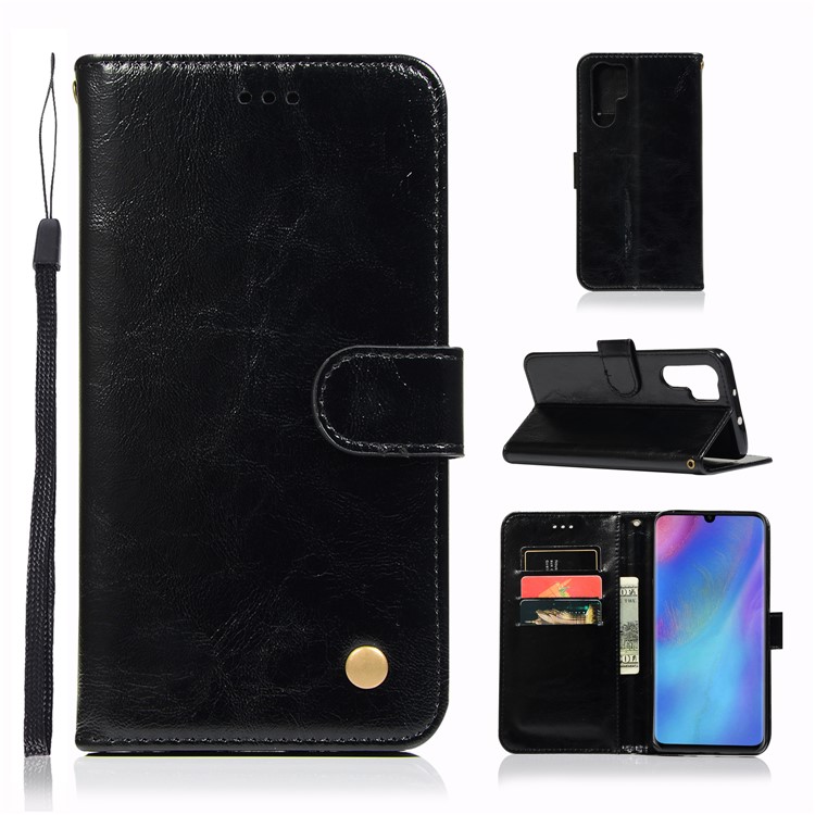 Vintage Premium PU Leather Wallet Case with Stand for Huawei P30 Pro - Black-1