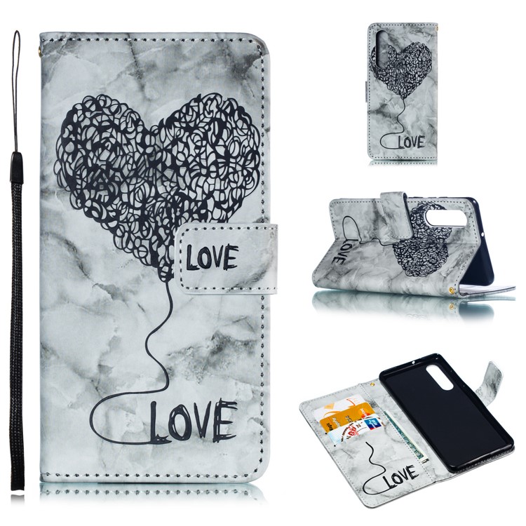Imprinted Lover Heart Pattern Marble Leather Case for Huawei P30 - Yellow-1
