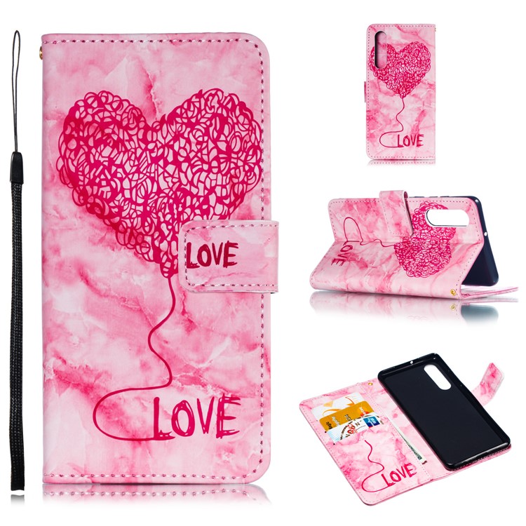 Imprinted Lover Heart Pattern Marble Leather Cover for Huawei P30 - Red-1
