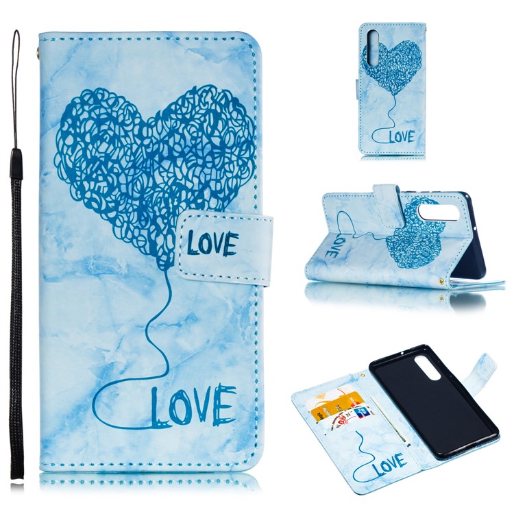 Imprinted Lover Heart Pattern Marble Leather Casing for Huawei P30 - Blue-1