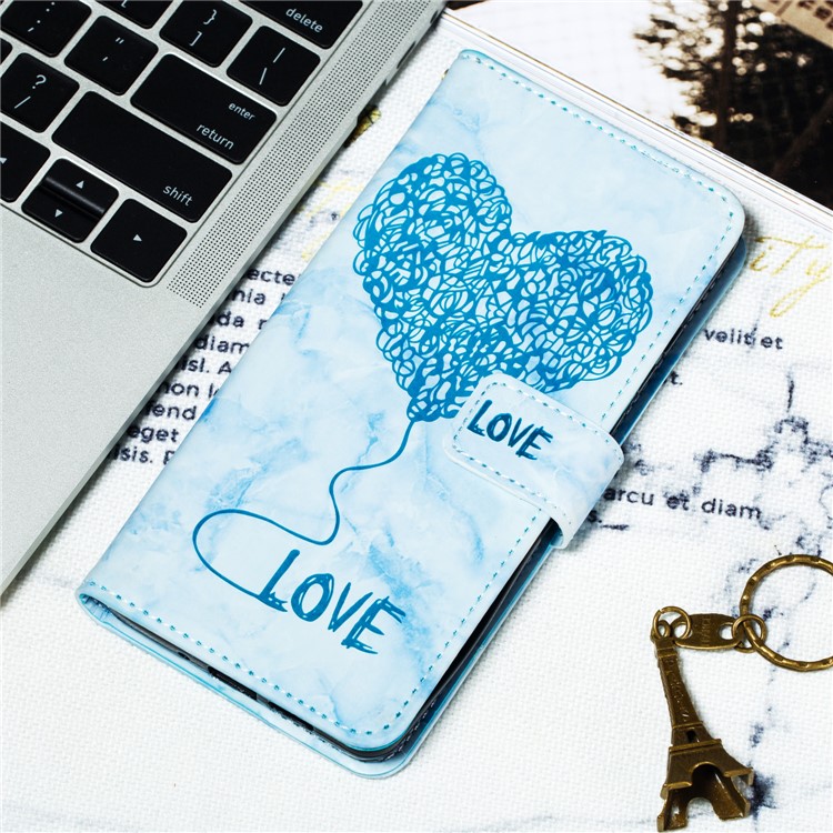 Imprinted Lover Heart Pattern Marble Leather Casing for Huawei P30 - Blue-8