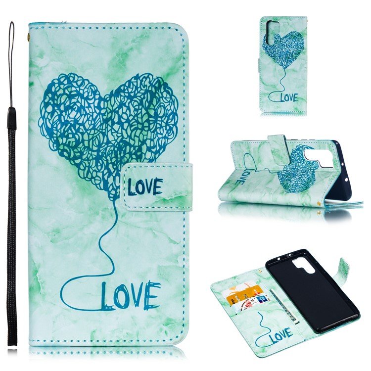 Imprinted Lover Heart Pattern Marble Leather Cover for Huawei P30 Pro - Green-1