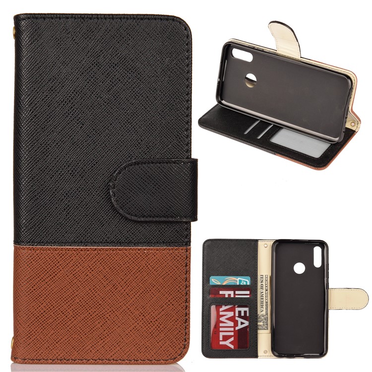Contrast Color Cross Texture PU Leather Wallet Phone Cover for Huawei Honor 10 Lite - Black-1