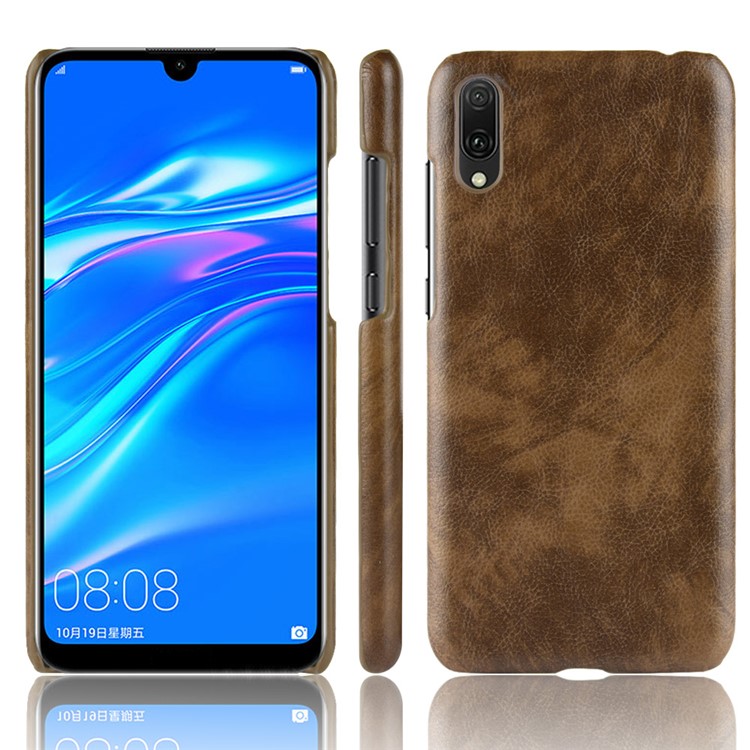 Litchi Texture PU Leather Coated Plastic Back Phone Case for Huawei Enjoy 9 / Y7 Pro (2019) - Brown-1