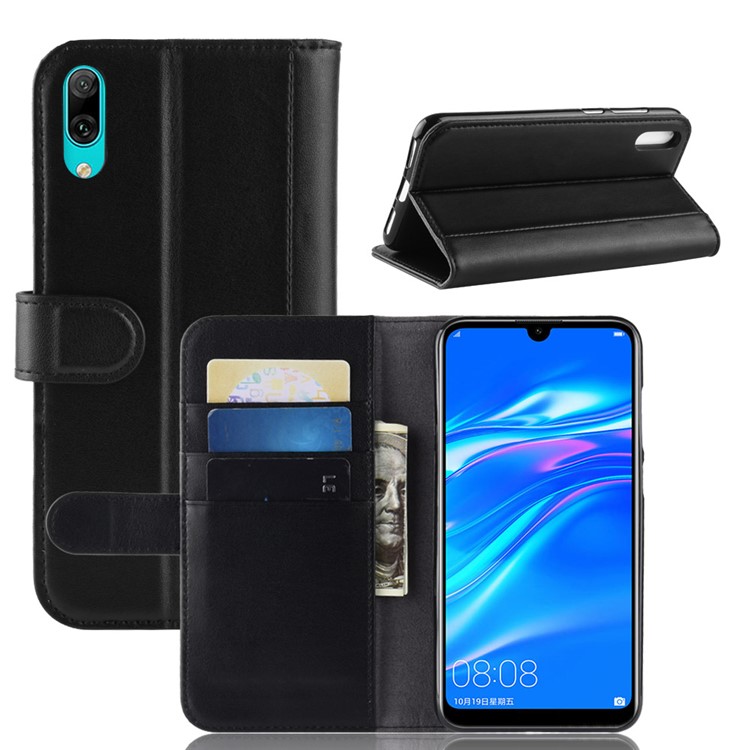 Genuine Split Leather Wallet Phone Case with Stand for Huawei Enjoy 9 / Y7 Pro (2019) - Black-1
