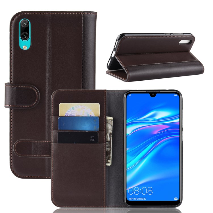 Genuine Split Leather Wallet Phone Shell with Stand for Huawei Enjoy 9 / Y7 Pro (2019) - Brown-1