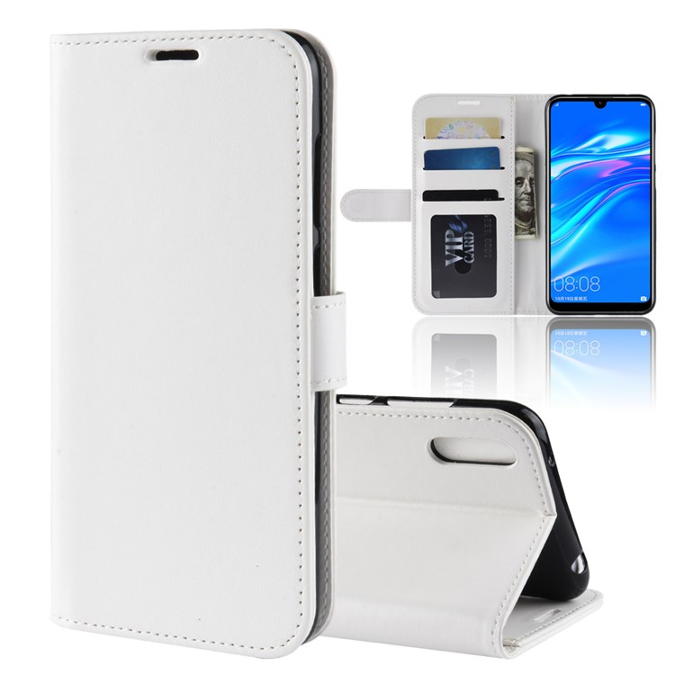 Verrückte Pferdebeschaffenheitsgeldbörsenstandplatz Ledertasche Für Huawei Genießen / Y7 Pro (2019) - Weiß-1