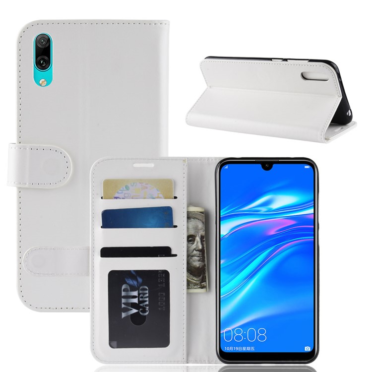 Verrückte Pferdebeschaffenheitsgeldbörsenstandplatz Ledertasche Für Huawei Genießen / Y7 Pro (2019) - Weiß-8