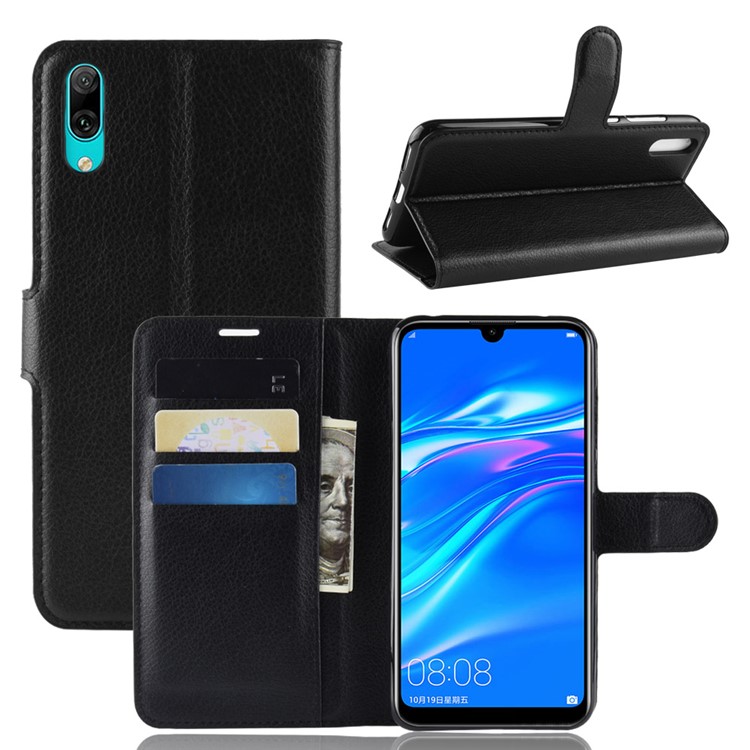 Litchi Skin Wallet Leather Stand Case for Huawei Enjoy 9 / Y7 Pro (2019) - Black-1