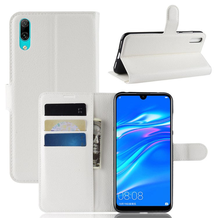 Litchi Skin Wallet Leather Stand Cover for Huawei Enjoy 9 / Y7 Pro (2019) - White-1
