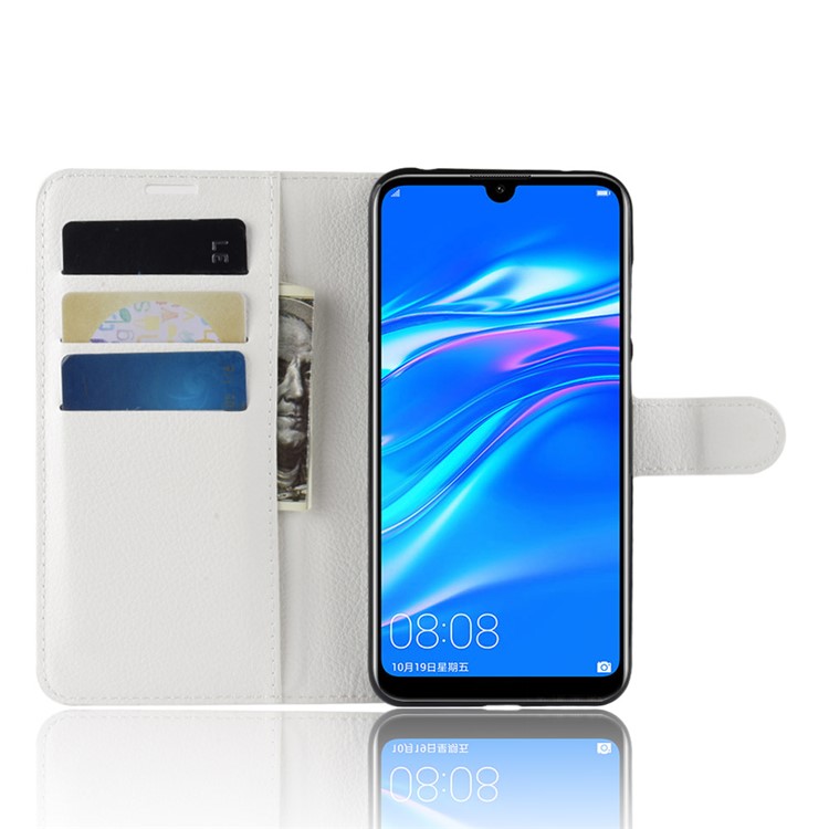 Litchi Skin Wallet Leather Stand Cover for Huawei Enjoy 9 / Y7 Pro (2019) - White-4