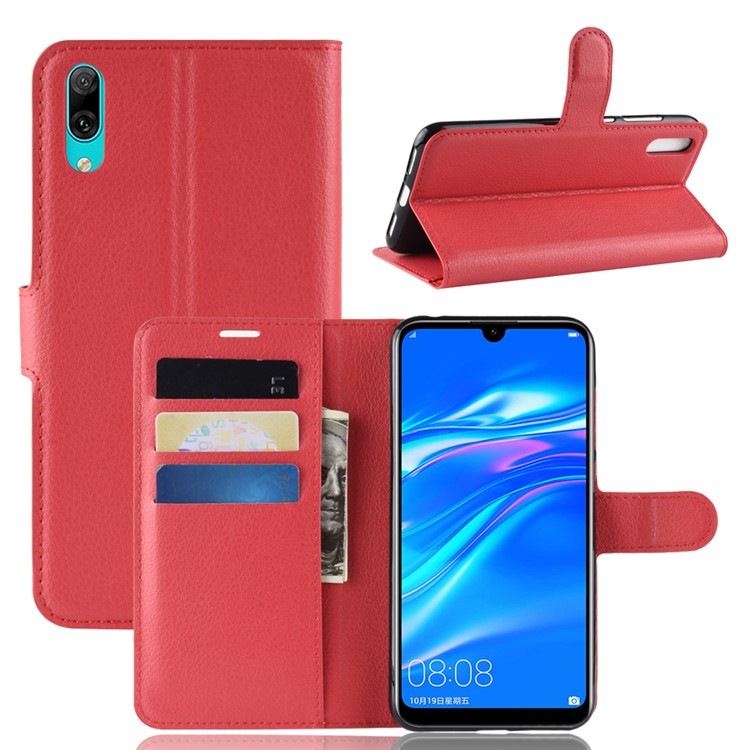 Litchi Skin Wallet Leather Stand Shell for Huawei Enjoy 9 / Y7 Pro (2019) - Red-1