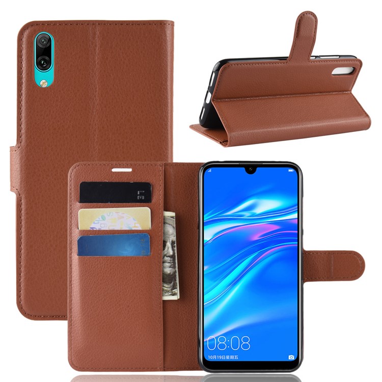 Litchi Skin Leather Stand Cover with Card Slots for Huawei Enjoy 9 / Y7 Pro (2019) - Brown-1
