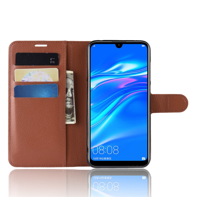 Litchi Skin Leather Stand Cover with Card Slots for Huawei Enjoy 9 / Y7 Pro (2019) - Brown-4