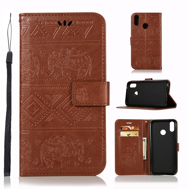 Imprinted Elephant Leather Cover with Strap for Huawei Y9 (2019) / Enjoy 9 Plus - Brown-1
