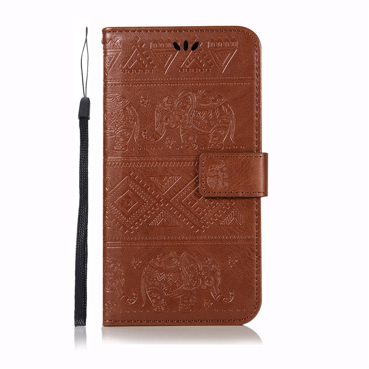 Imprinted Elephant Leather Cover with Strap for Huawei Y9 (2019) / Enjoy 9 Plus - Brown-2