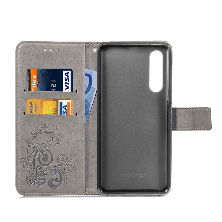 Imprint Clover Pattern Leather Wallet Cover for Huawei P30 - Grey-4