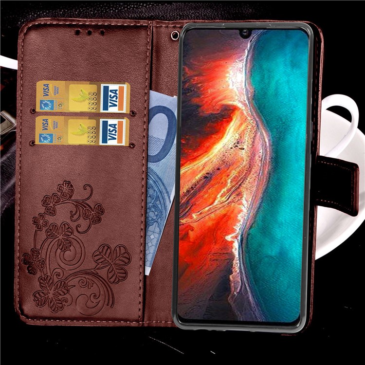 Imprint Clover Pattern Magnetic Leather Wallet Case for Huawei P30 - Brown-11
