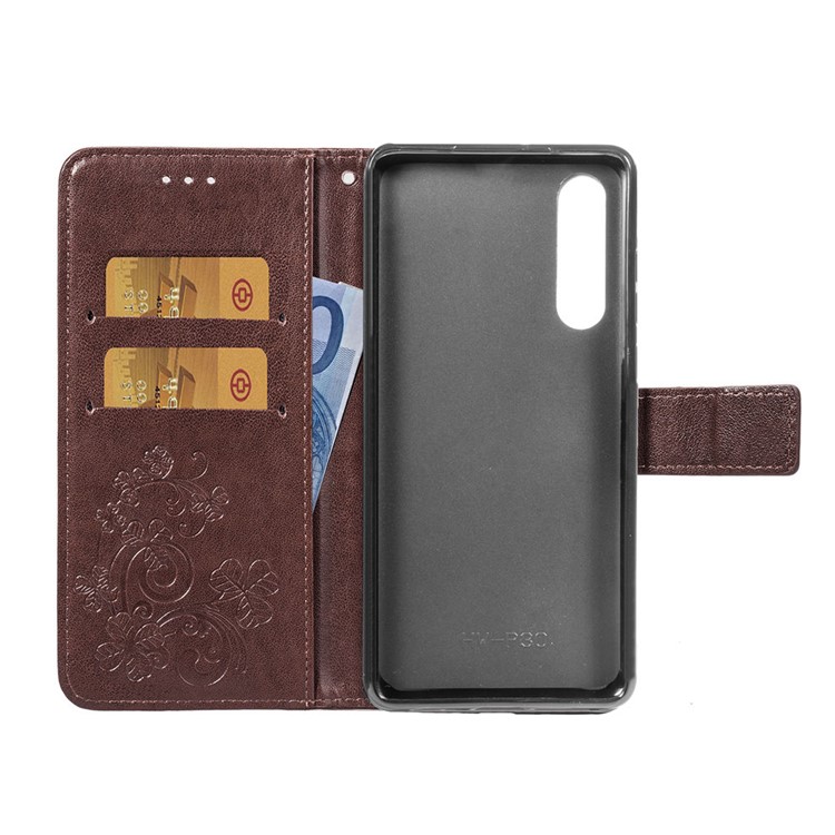 Imprint Clover Pattern Magnetic Leather Wallet Case for Huawei P30 - Brown-4