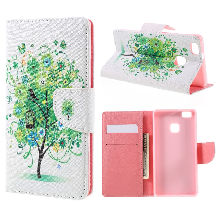 Patterned Leather Wallet Stand Case for Huawei P9 Lite - Green Tree-1