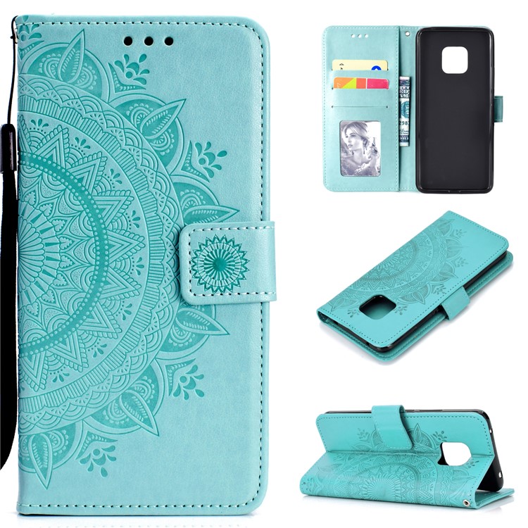Imprinted Mandala Pattern Magnetic Wallet Leather Mobile Cover for Huawei Mate 20 Pro - Cyan-1