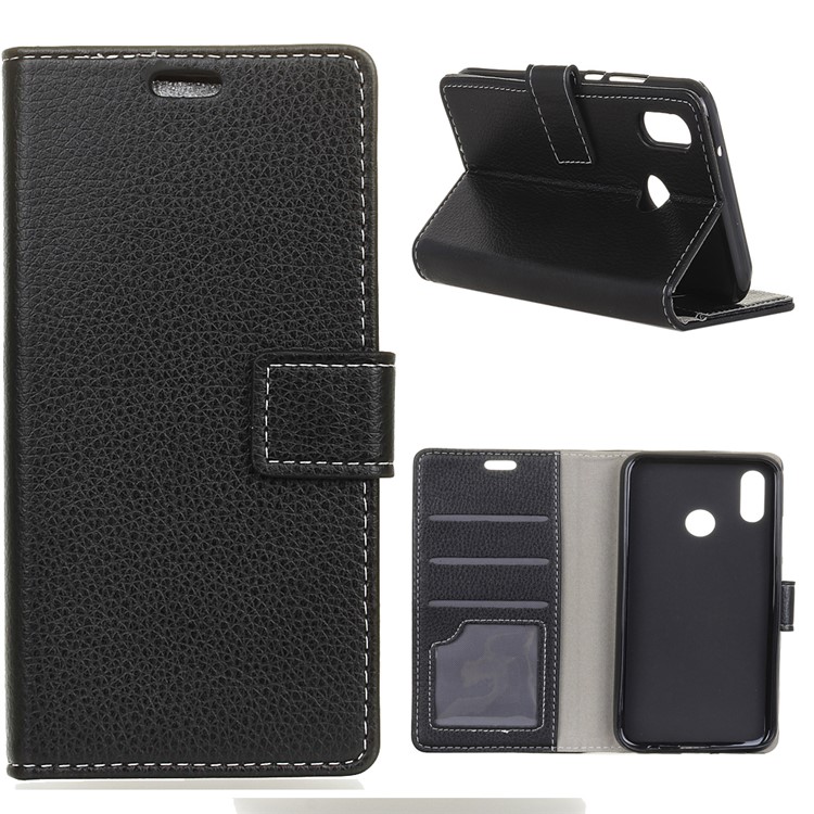 Litchi Texture Wallet Stand Leather Phone Casing for Huawei Y7 (2019) - Black-1