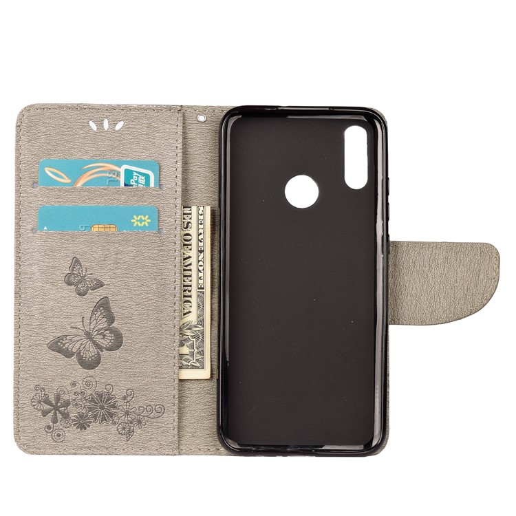 Imprint Butterfly Flowers Leather Stand Wallet Folio Cover for Huawei Honor 10 Lite - Grey-3