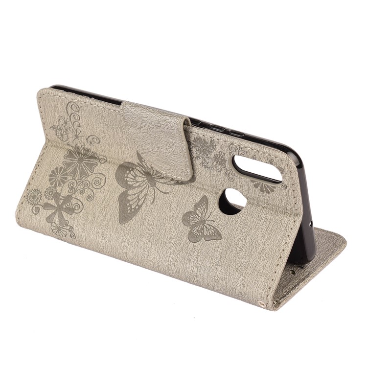 Imprint Butterfly Flowers Leather Stand Wallet Folio Cover for Huawei Honor 10 Lite - Grey-6