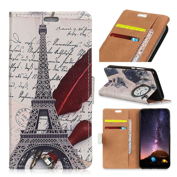 Patterned Leather Wallet Protection Case for Huawei Y7 (2019) - Eiffel Tower and Quill-pen-1