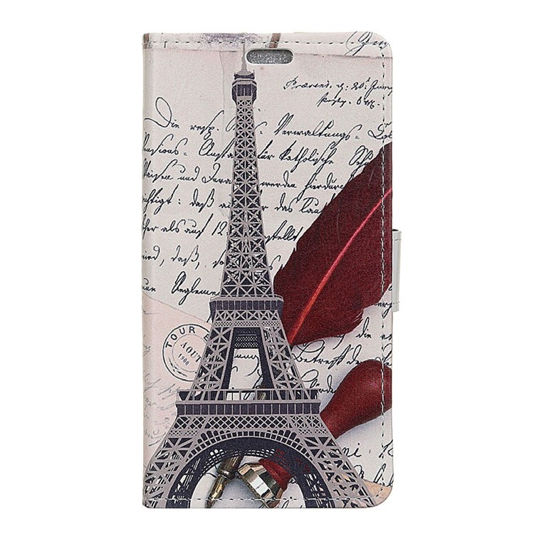 Patterned Leather Wallet Protection Case for Huawei Y7 (2019) - Eiffel Tower and Quill-pen-2