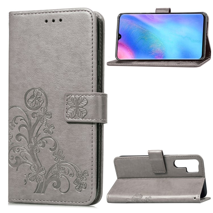 Imprint Clover Pattern Leather Wallet Cover for Huawei P30 Pro - Grey-1