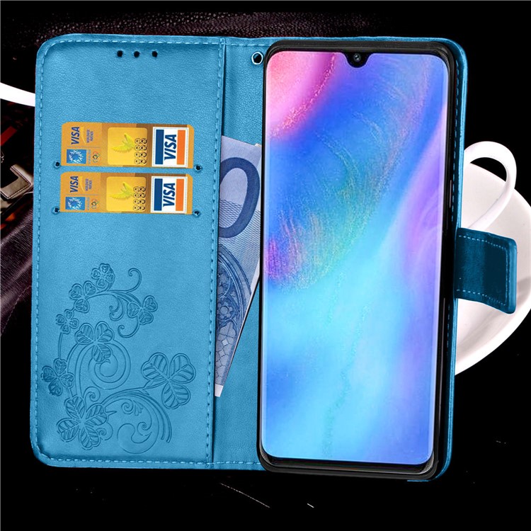 Imprint Clover Pattern Leather Wallet Casing for Huawei P30 Pro - Blue-11