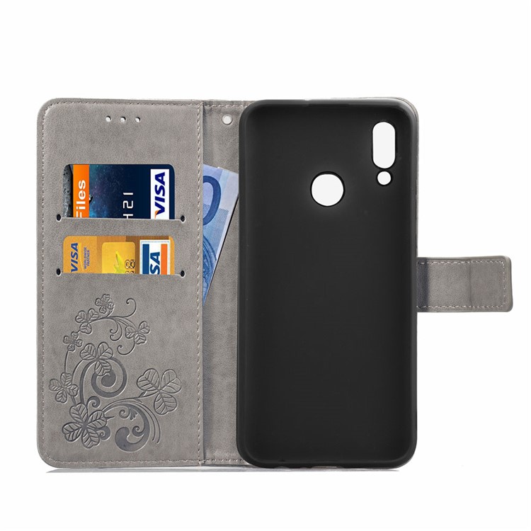 Impressão Padrão De Trevo Carteira De Couro Capa Para Huawei Honor 10 Lite / P Inteligente (2019) - Cinzento-4