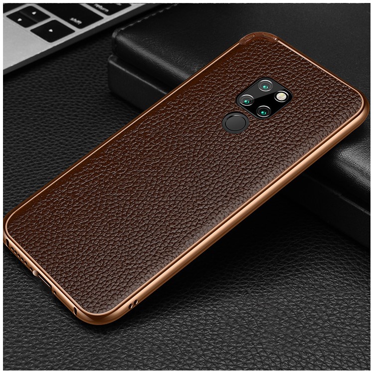 Metal Frame + Litchi Skin Genuine Leather Mobile Phone Case for Huawei Mate 20 - Coffee-1