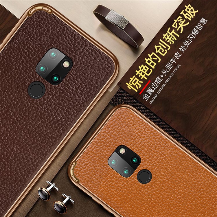Metal Frame + Litchi Skin Genuine Leather Mobile Phone Case for Huawei Mate 20 - Coffee-2