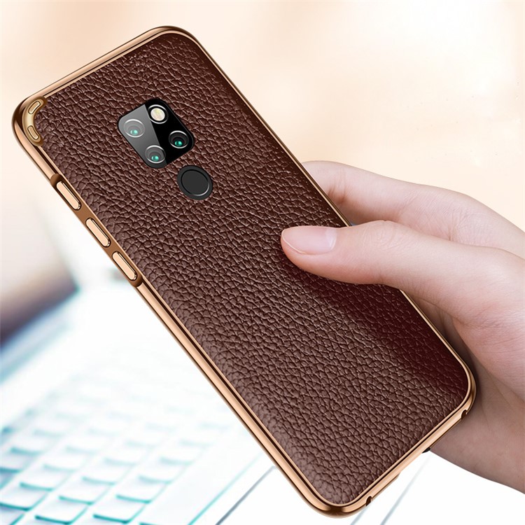 Metal Frame + Litchi Skin Genuine Leather Mobile Phone Case for Huawei Mate 20 - Coffee-3
