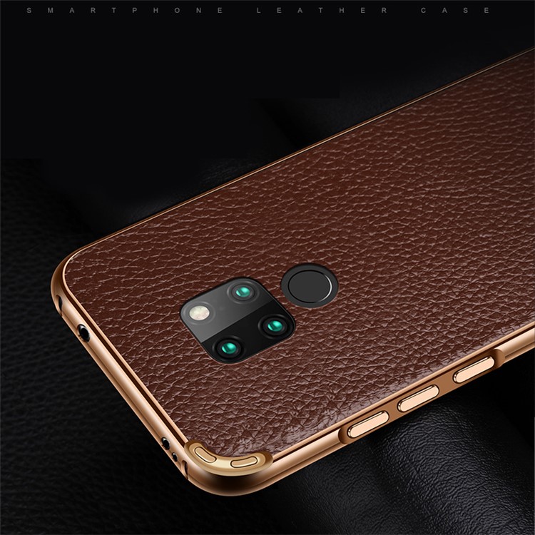 Metal Frame + Litchi Skin Genuine Leather Mobile Phone Case for Huawei Mate 20 - Coffee-4
