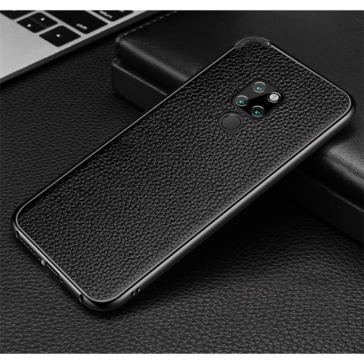 Metal Frame + Litchi Skin Genuine Leather Mobile Phone Cover for Huawei Mate 20 - All Black-1