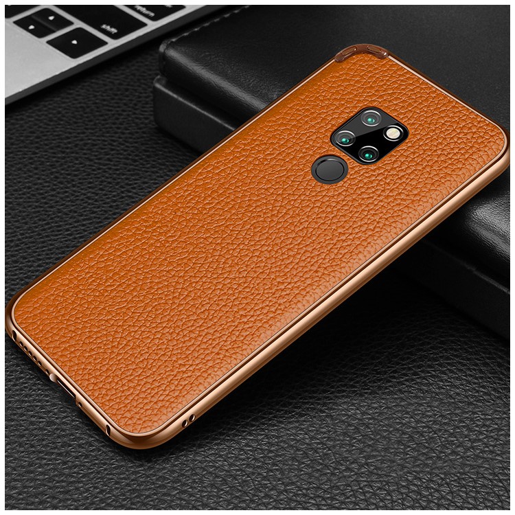 Metal Frame + Litchi Skin Genuine Leather Mobile Phone Shell for Huawei Mate 20 - Brown-1